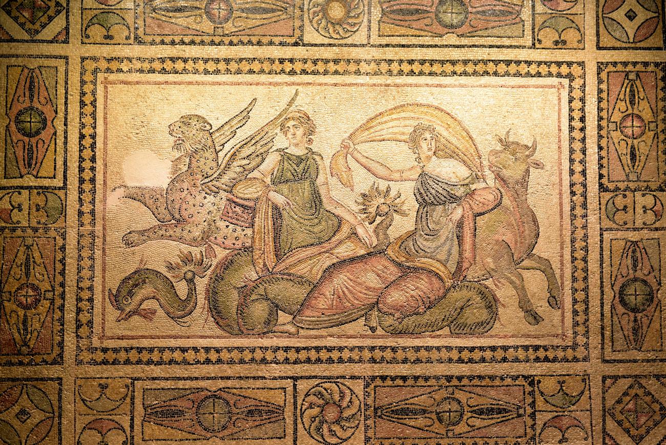 Completed mosaic of two women in Zeugma Mosaic Museim, Turkey